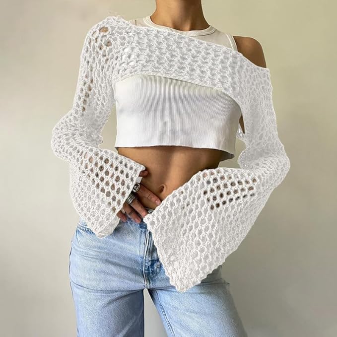 Mesh Crochet Crop Top with Long Sleeves - Leechoo
